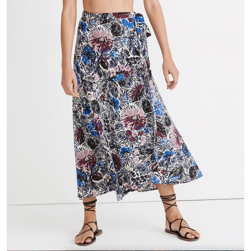 NWOT MADEWELL Dutch Garden Cover-Up Blue Maroon Wrap Floral Midi Skirt Womens XS